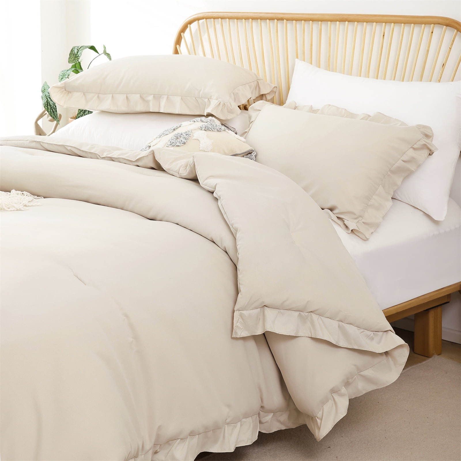 SPRINDAY Full Size Comforter Set For Adult, 3 Piece Ruffle Beige Comforter Sets All Season