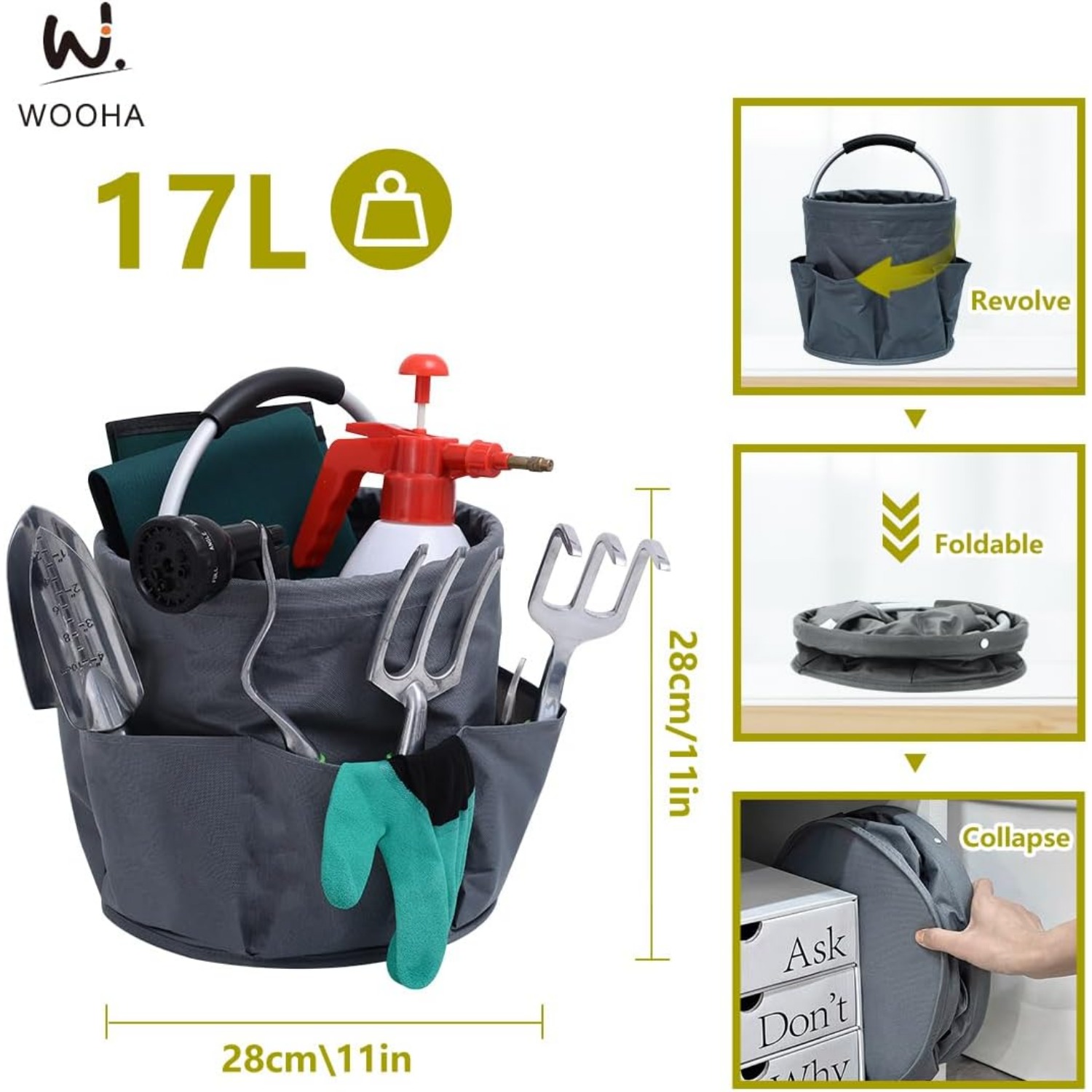 Tool Organizers Bag 34L Collapsible Tool Bag Laundry Organizer Outdoor Camping Garden Harvest Basket Home Bathroom Storage Bath Wash Bag（Black+Grey）