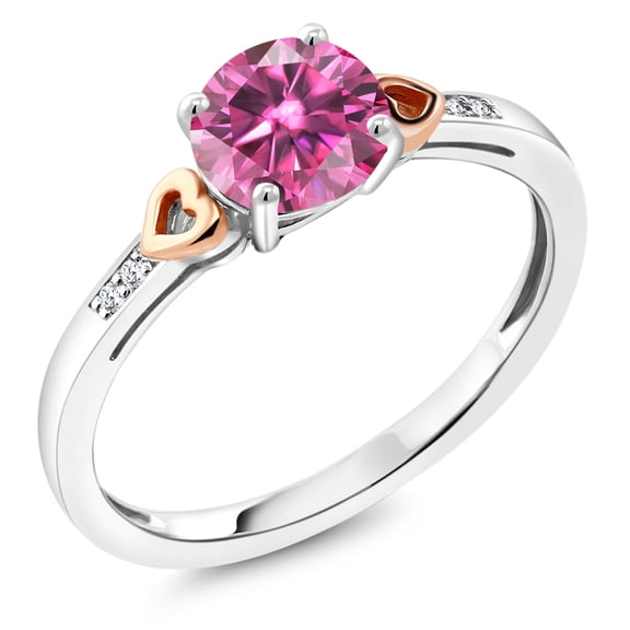 Gem Stone King 925 Silver and 10K Rose Gold Heart Ring for Women Round Pink Moissanite and Diamond White (1.23 Cttw, Size 5)
