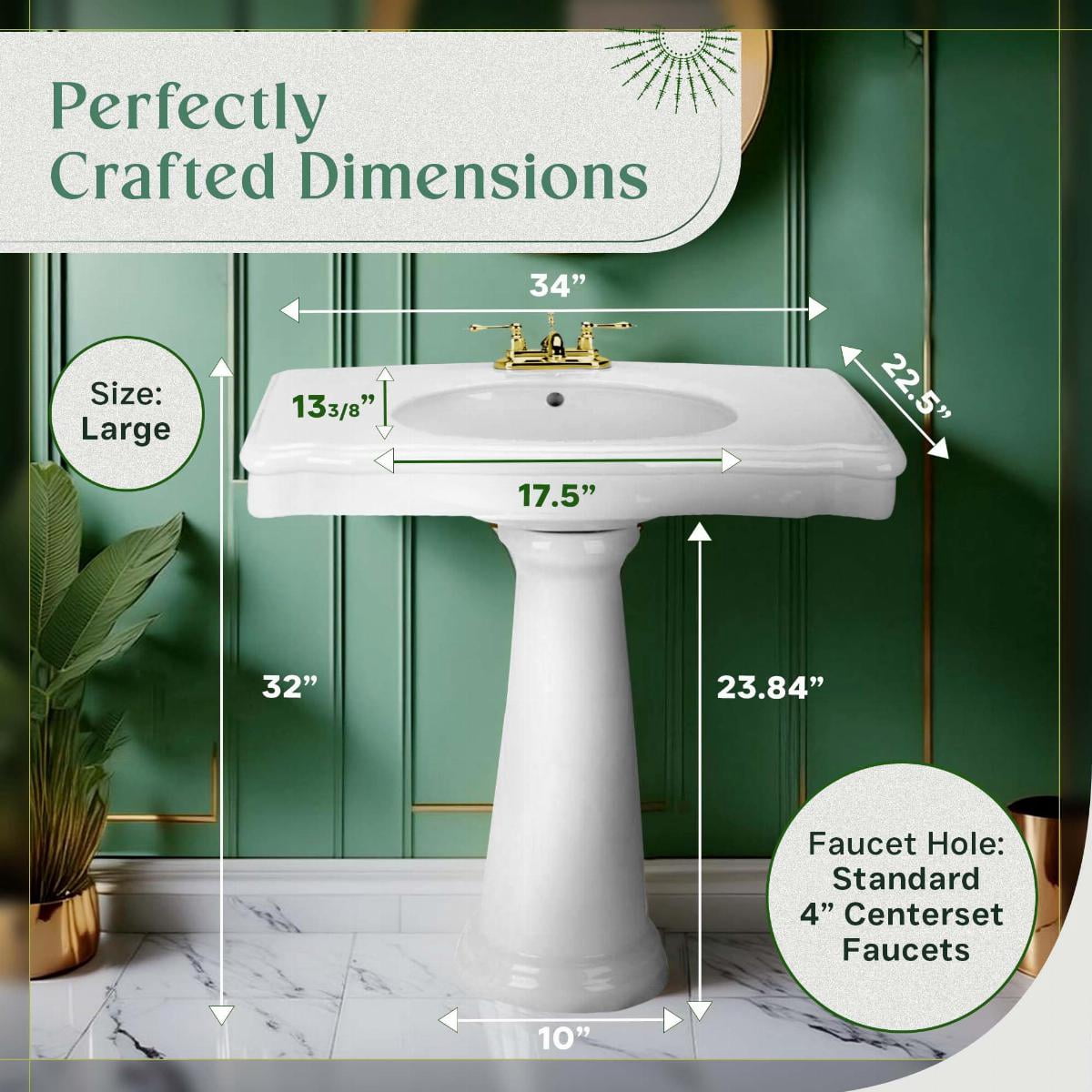 Large White Pedestal Bathroom Sink 34" W Porcelain Spaceous Wall Mount Sink w/Centerset Faucet Hole | Renovators Supply