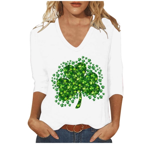 Patlollav Shamrock Pullover Womens Casual St Patrick's Day V-Neck Seven Sleeve Tops S-5XL