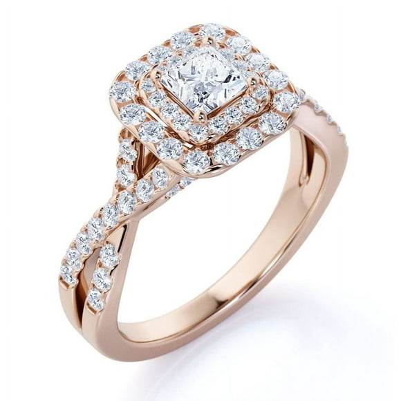 JeenMata Anillo de Compromiso Elegante de Oro Rosa de 10 K con Banda Retorcida, Diamante de Talla Cuadrada de 1 Quilate y Doble Halo Pavé