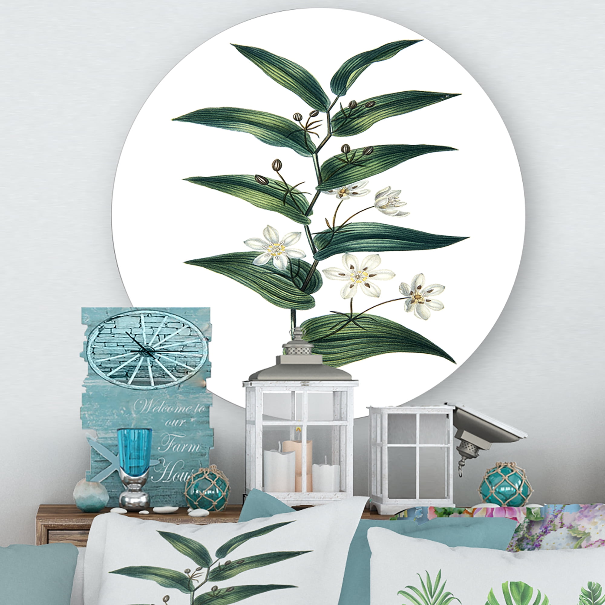 Designart 'Little White Flowers With Ancient Plant' Farmhouse Circle Metal Wall Art 11x11 - Disc of 11
