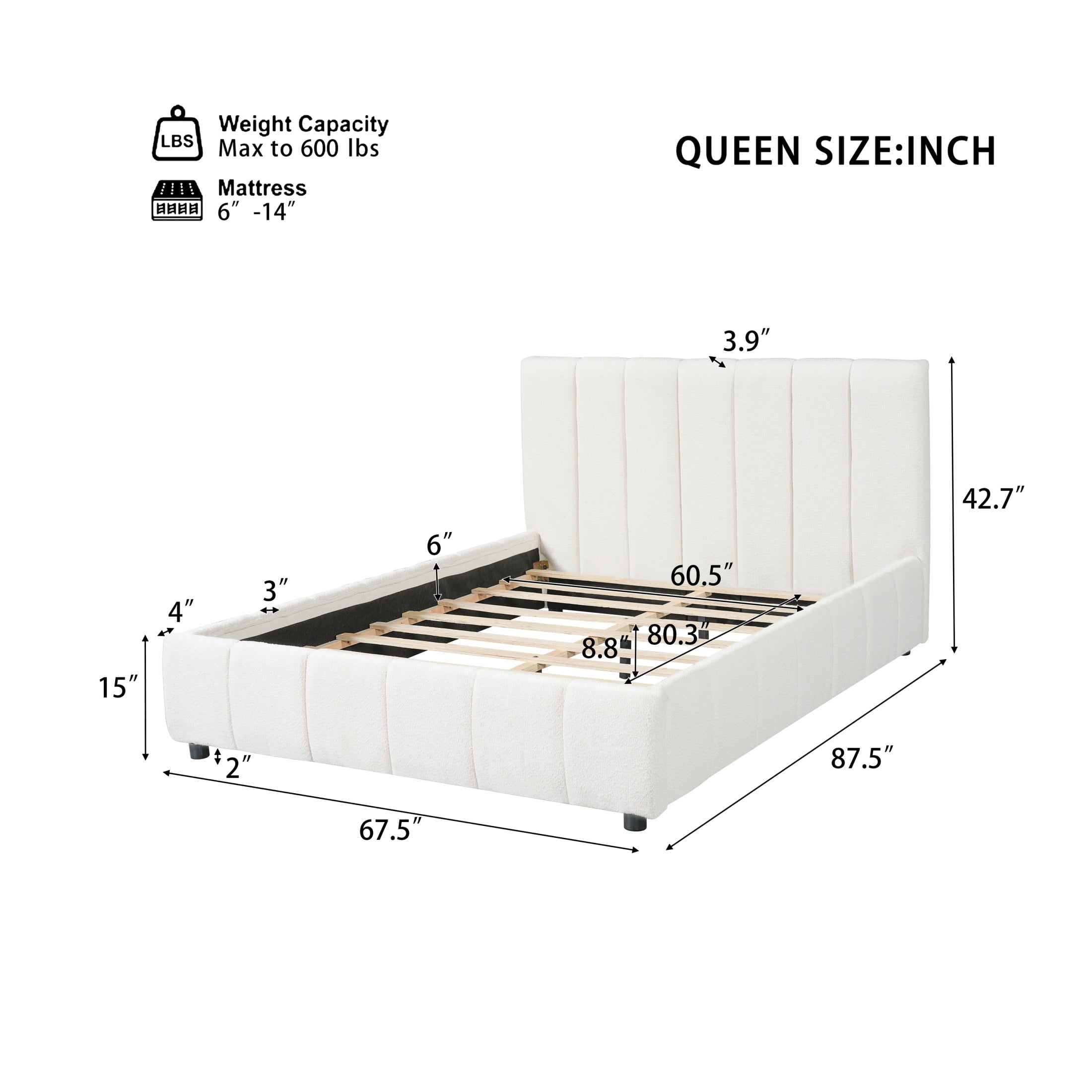 Christopher Knight Home Queen Boucle Upholstered Bed Frame with Vertical Tufted Thick Headboard, Off White