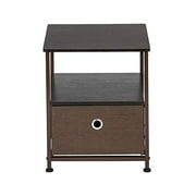 Nightstand 1-Drawer Shelf Storage- Bedside Furniture & Accent End Table Chest for Home, Bedroom, Office, College Dorm, Steel Frame, Wood Top, Easy Pull Fabric Bins Brown