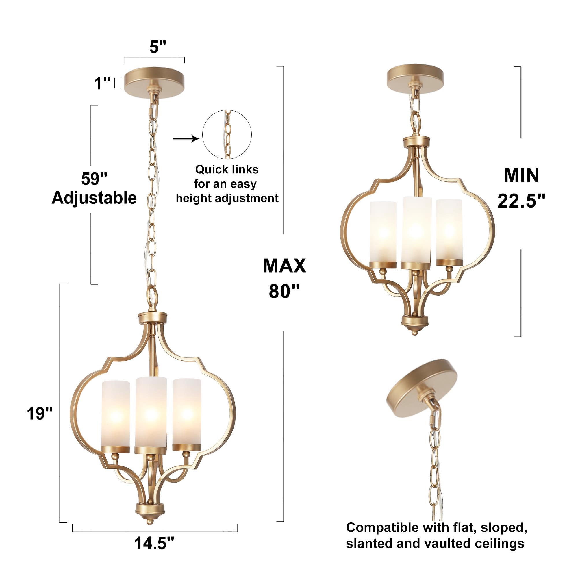LNC Charm 3 -Light Matte Gold Cage Frosted glass Metal Chandelier