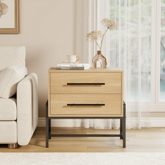 Nightstand with Drawers, Bedside Table with Storage, End Table Wide Side Table with Metal Legs, Modern Night Stand Mid Century Modern Bed Side Table for Living Room, Hallway