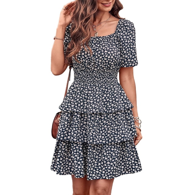 Vestido PRETTYGARDEN 2025 Floral Cuello Cuadrado Negro XL
