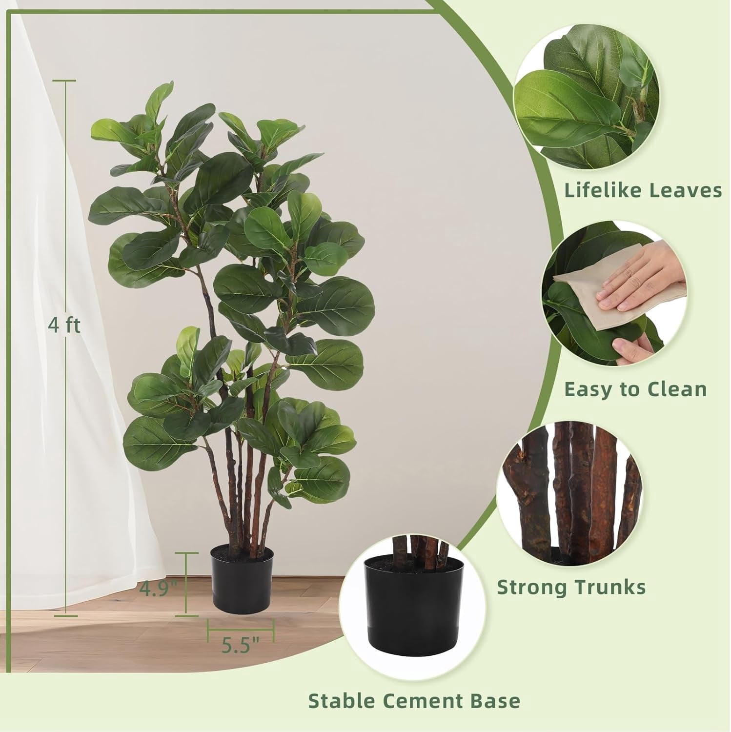 Faux Fiddle Leaf Fig Tree,4 Ft Artificial Ficus Lyrata Plant with 72 Fiddle Leaves, Fake Floor Plant in Pot for Indoor Outdoor Living Room House Office Bedroom Decor