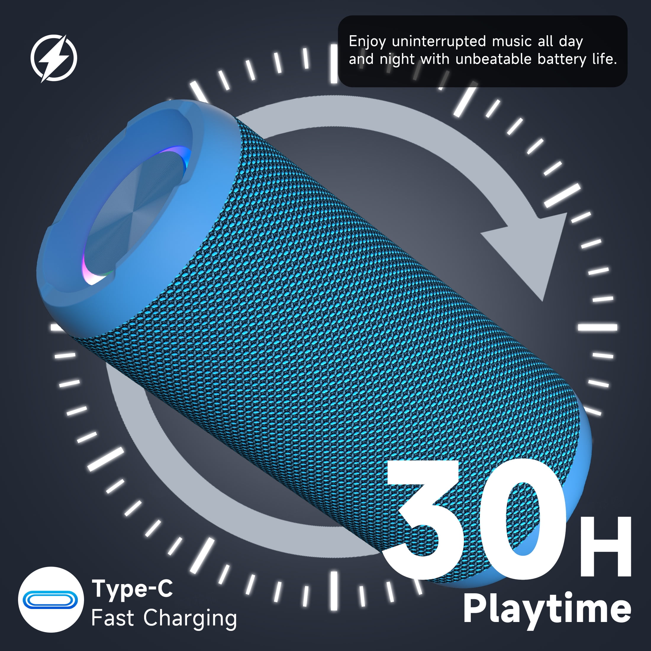 Solorage Portable Bluetooth Speaker IPX7 Waterproof, 24W Loud Sound, Deep Bass, Bluetooth 5.3, 30H Playtime, Wireless Stereo Pairing, LED Lights, for Home/Beach/Party/Outdoors-Blue
