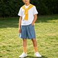 thumbnail image 3 of Boys 4 Pieces Back To School Outfit Round Neck Solid Short Sleeve Tee and Pockets Denim Shorts and Shawl and Knee High Socks Performance Outfits Casual Clothes Set 3-16 Years, 3 of 9
