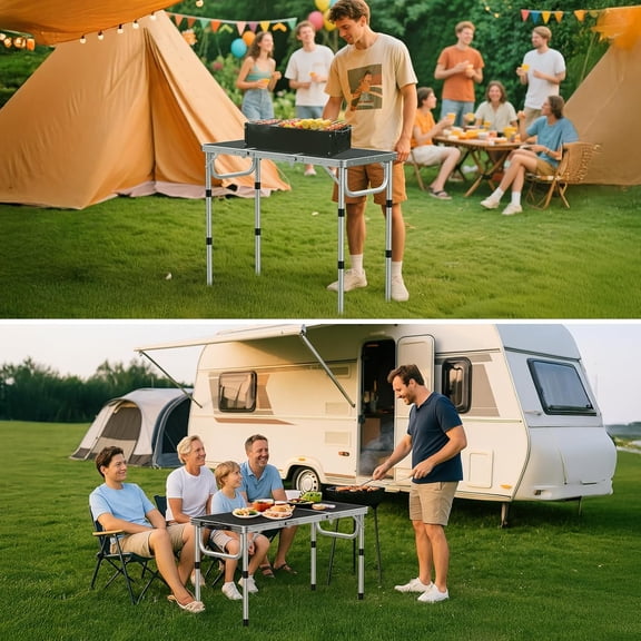 Folding Grill Table, 3 Adjustable Height Portable BBQ Table with Heat-Resistant Mesh Tabletop, Lightweight Aluminum Outdoor Tables for Camping, Grill, Picnic, 34.2" L x 15.7" W, Silver