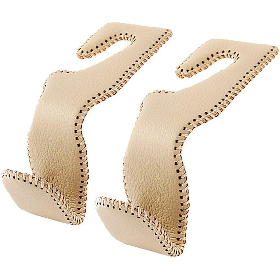 Headrest Hooks for Purses and Bags, Car Back Seat Headrest Hanger Vehicle Beige Leather Storage Hook, Pack of 2