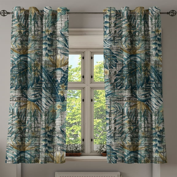 Ambesonne Tropical Grommet Curtain, Grunge Exotic Leafy Art, 50"x60", Teal Fawn and Pale Grey