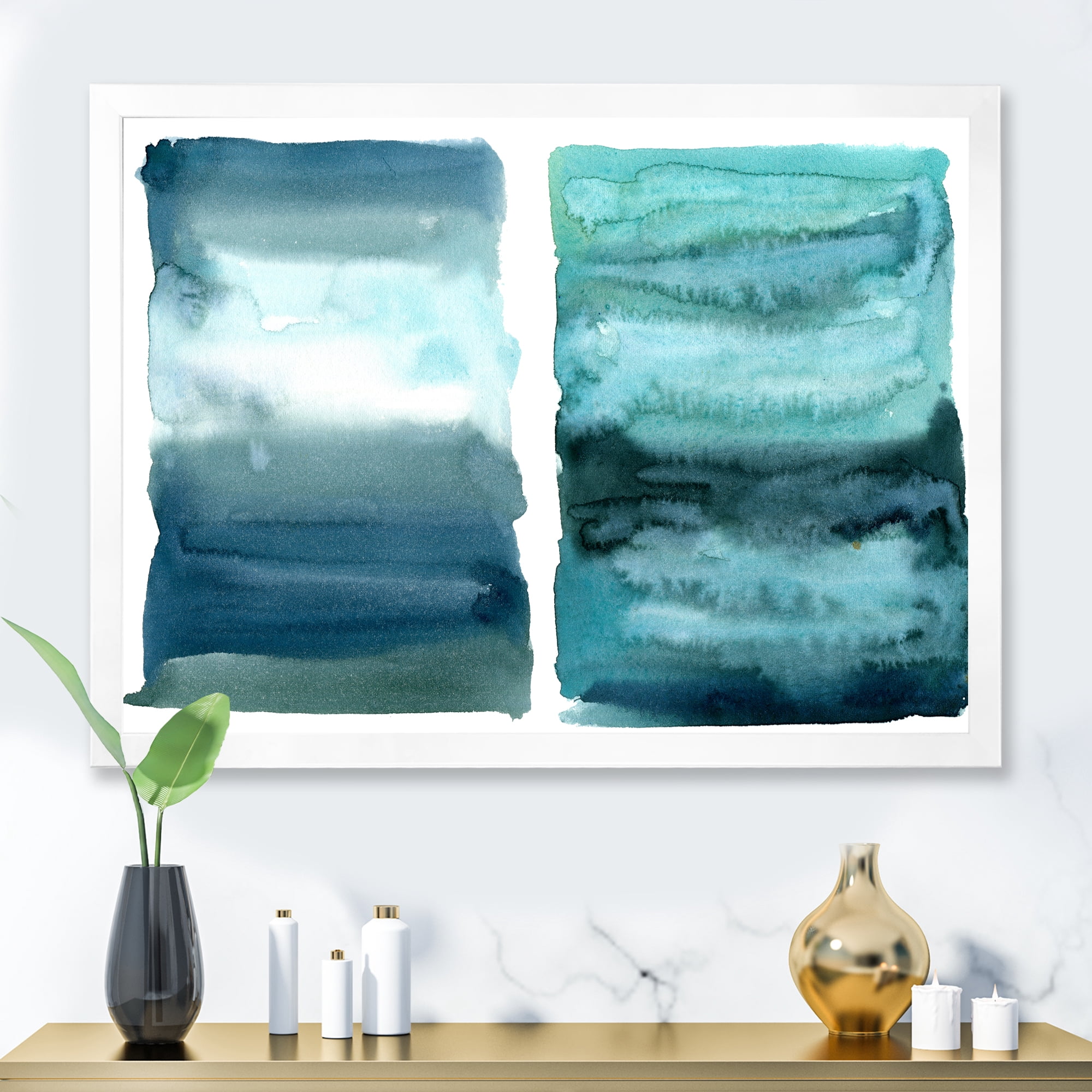 Designart 'Abstract Blue Ocean Aquatic Impression II' Modern Framed Art Print