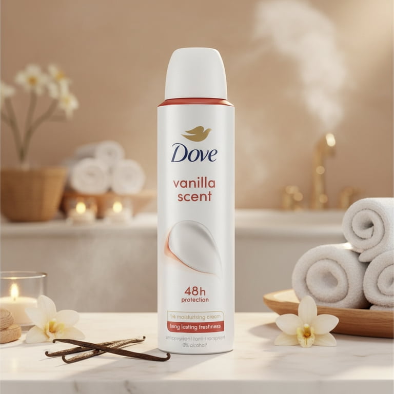 Dove Vanilla Antiperspirant Deodorant Spray, 48-Hour Protection, Long-Lasting Fragrance, 0% Alcohol, 1/4 Moisturizing Cream, 150 mL, 6-Pack