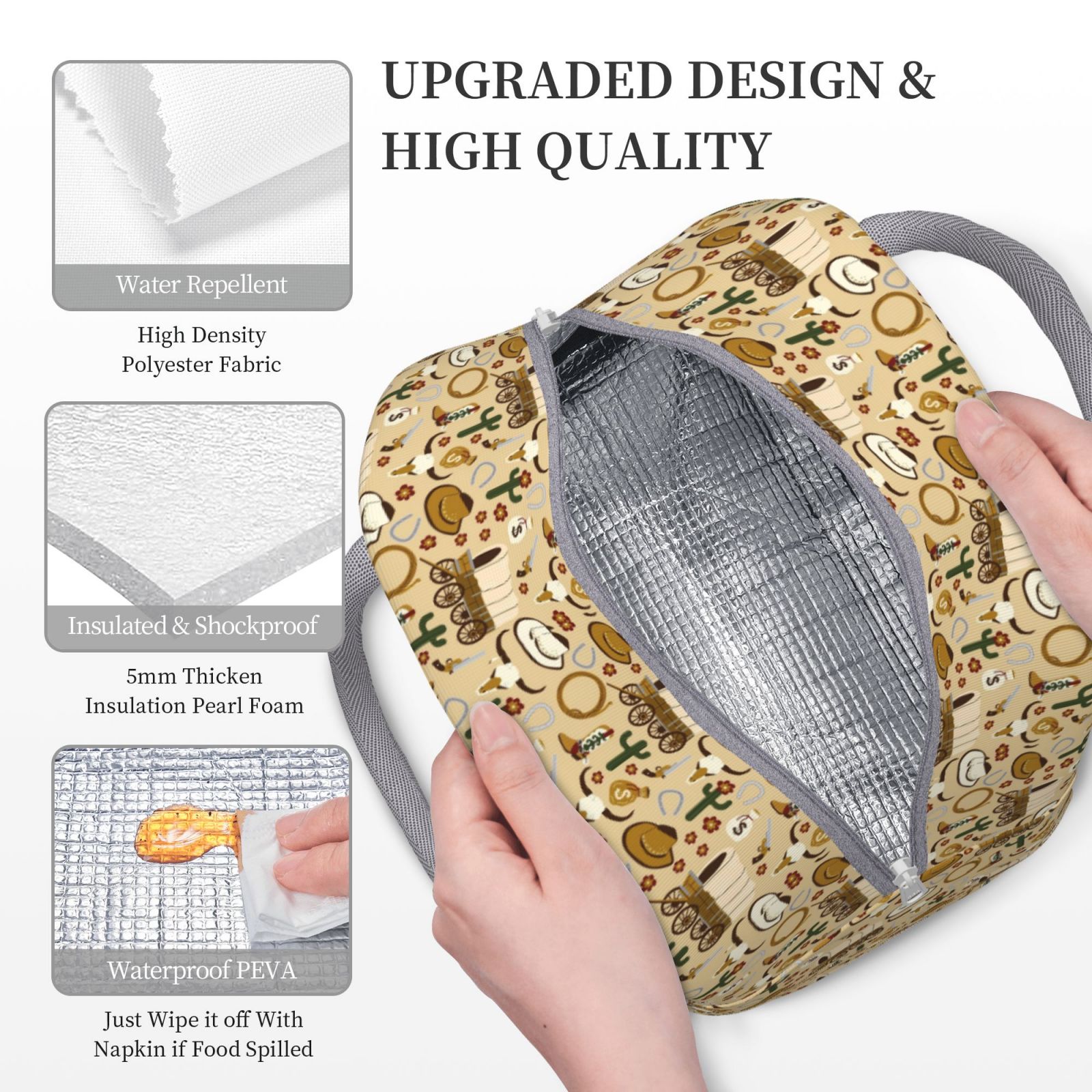 Defioc Wild West Cowboy Print LunchBag for Women and Men - Leakproof Cooler Tote Bag Organizer - Reusable Lunch Box for Office/Picnic/Hiking/Beach