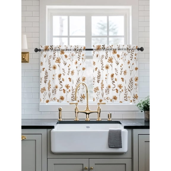 Brown Spring Floral Sheer Kitchen Tier Curtains 36 Inch length,Rod Pocket Half Curtains Short Drapes,Flowers Leaves Elegant Pastoral Light Filtering Small Window Treatments 2 Pcs 27.5"W x 36"L