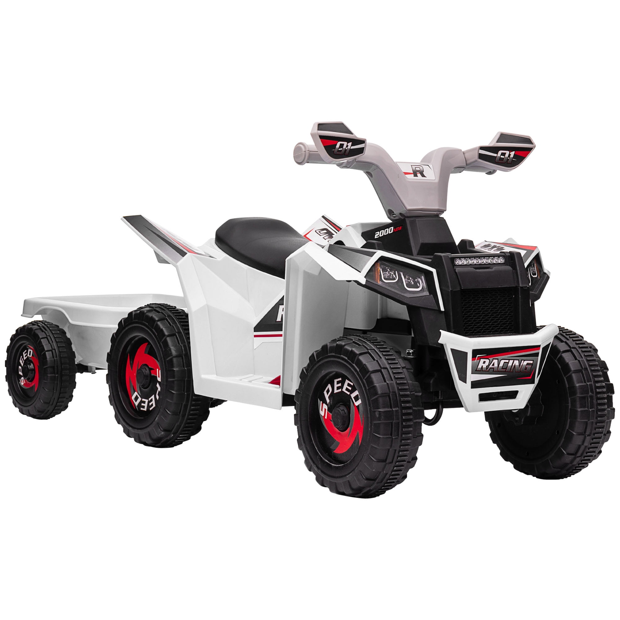 Aosom Kids ATV Quad Car with Back Trailer, White