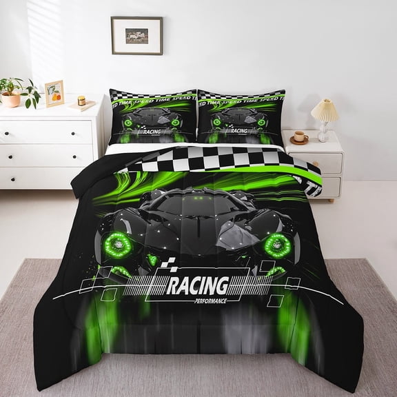 Erosebridal Racing Car Bedding Twin Comforter Set,Geometric Plaid Down Comforter,Black Green Bedding Sets Twin with Comforter,Super Cozy Sport Bedroom Decorative,Reversible,3pcs