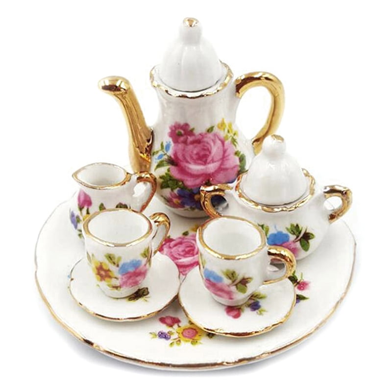 8Pcs 1:12 Dollhouse Miniature Dining Ware Porcelain Tea Set Dish Cup Plate 