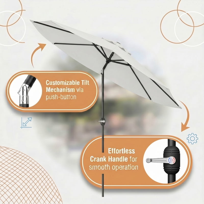 Lacoo 9' Outdoor Patio Umbrella, Market Table Umbrella with Push Button Tilt, 8 Heavy-Duty Steel Ribs & Wind Vents, White