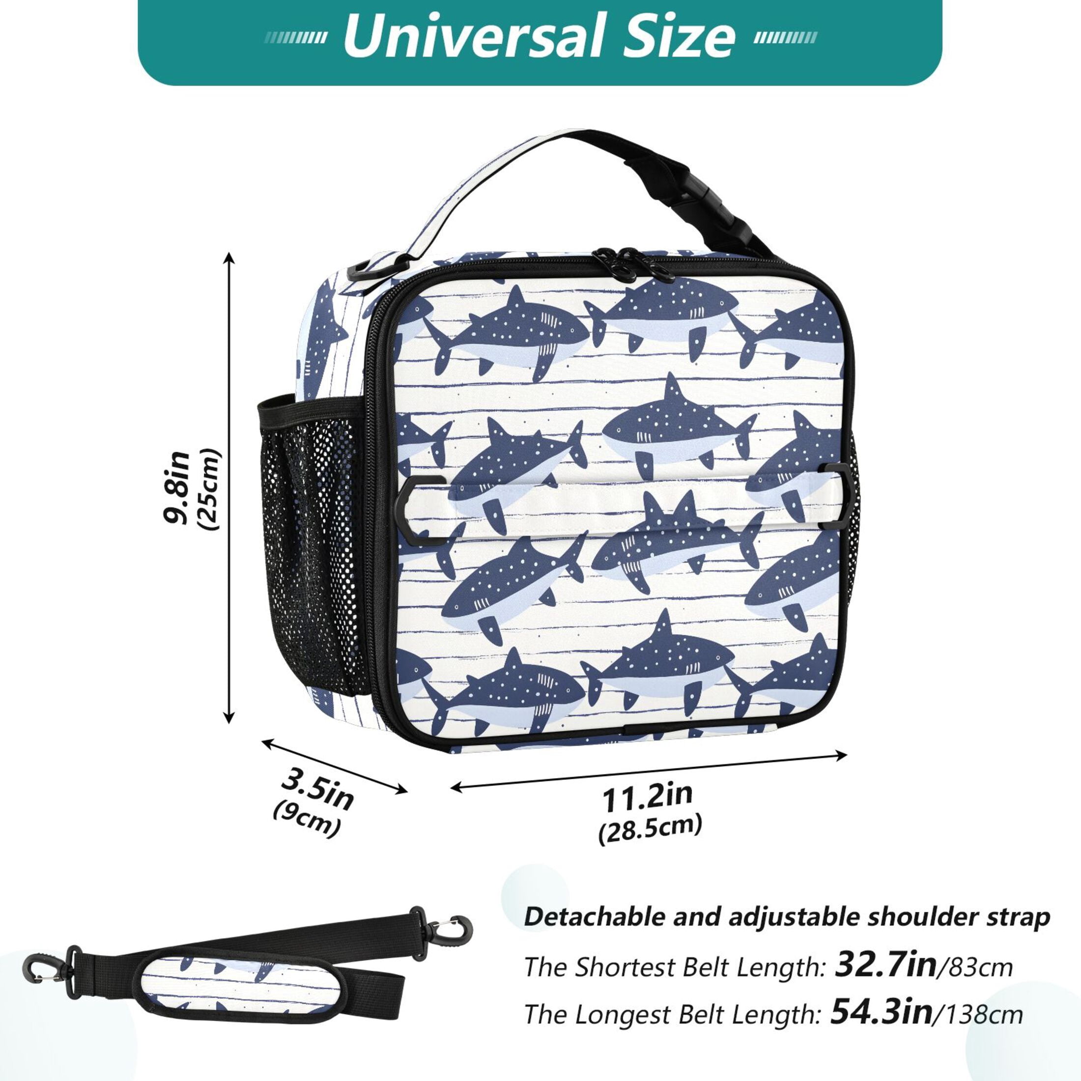 ALAZA Cartoon Shark on Strips Lunch Box Insulated Lunch Bag Cooler Tote with Shoulder Strap