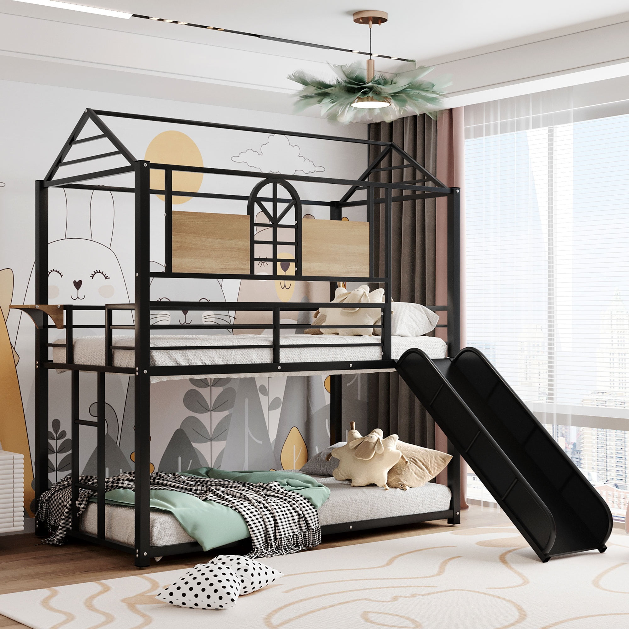 Twin Over Twin Metal Bunk Bed with Slide, Metal Frame House Bunk Bed