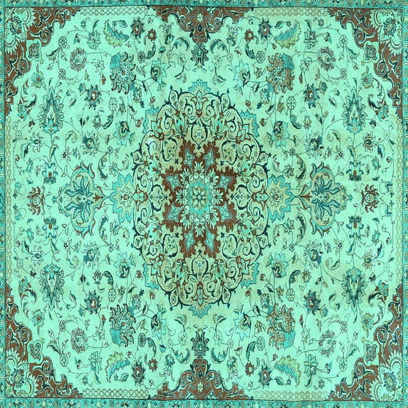 Ahgly Company Machine Washable Indoor Square Persian Turquoise Blue Traditional Area Rugs, 3' Square