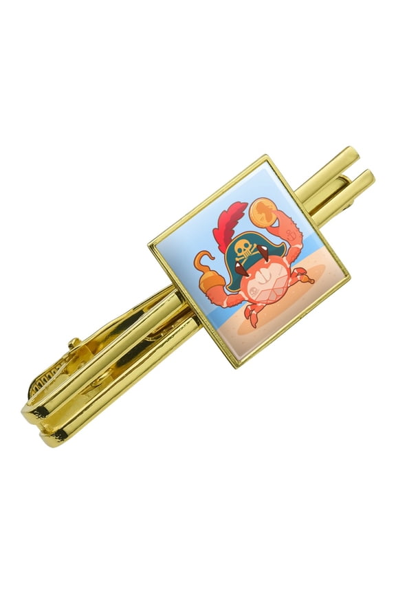 Pirate Crab on the Beach with Hook and Coin Square Tie Bar Clip Clasp Tack- Silver or Gold
