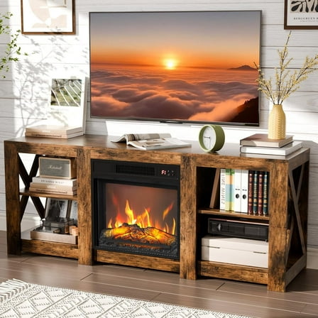 VINGLI Fireplace TV Stand up to 70 inch TVs, Farmhouse Entertainment Center with Electric Fireplace Heater & Adjustable Shelves, Fireplace Media Console Table, Rustic Brown