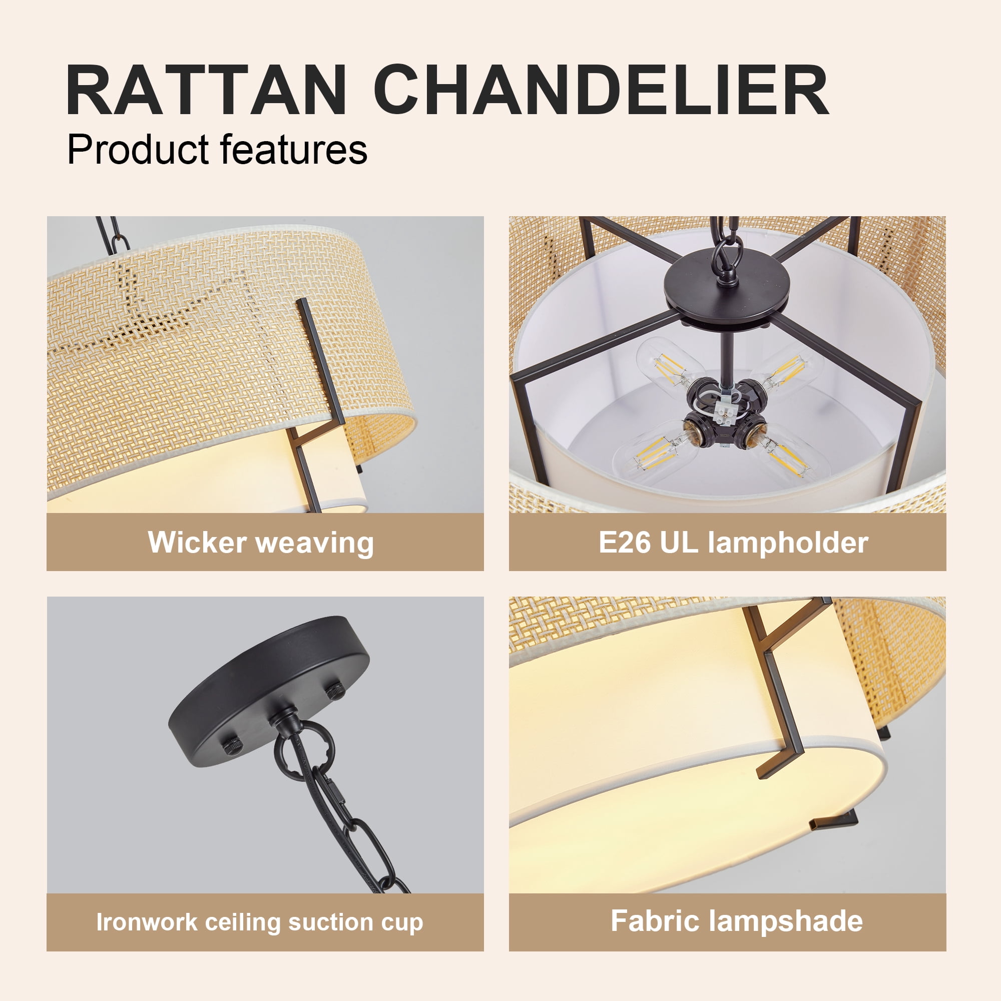 Leumius 4-Light Farmhouse Boho Chandelier, 19.7'' Hand Woven Rattan Pendant Light with Fabric Shade Rustic Drum Chandelier for Dining Room Kitchen Bedroom Foyer Entryway Living Room