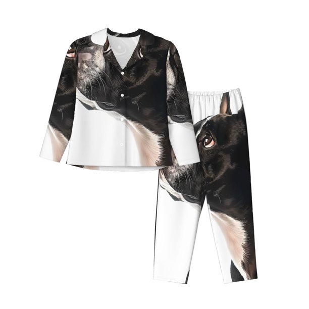 Balery Black And White Boston Terrier Conjunto de Pijama con Estampado para Mujer, Conjunto de Dos Piezas con Manga Larga, Ropa de Dormir Suave con Bolsillos, Pijamas Cómodos-X-Large
