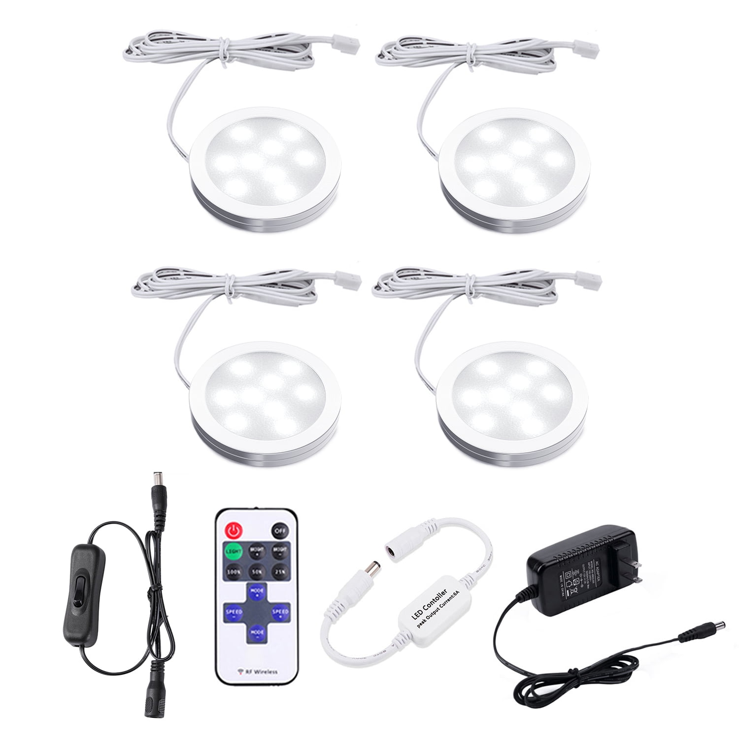 4 Pack LED Puck Lights with Remote, Under Cabinet Kitchen Lights Plug in, Dimmable Under Counter Light Fixtures, Wired Puck Lights for Closet, Shelf, Display(4000K, Natural White)