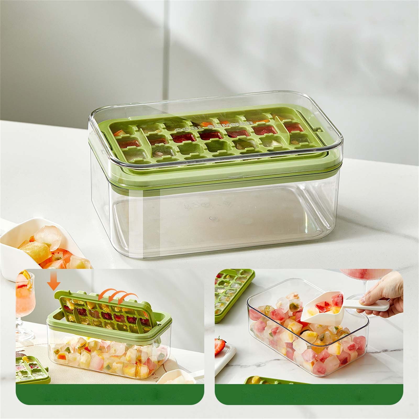 Ice Cube Tray with Lid & Bin, Food-Grade Pressing Ice Maker, for Whiskey, Cocktail, Coffee Drinks, Beer, Kitchen Gadgets Tools (Green)
