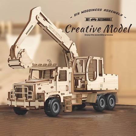 3D Wooden Excavator Puzzle Model Kit, Mechanical Engineering Wood Craft Kit with Laser-Cut Pieces, Pull-Back Excavator Construction Model, DIY Assembly Truck Decor Gift for Hobbyists & Collectors