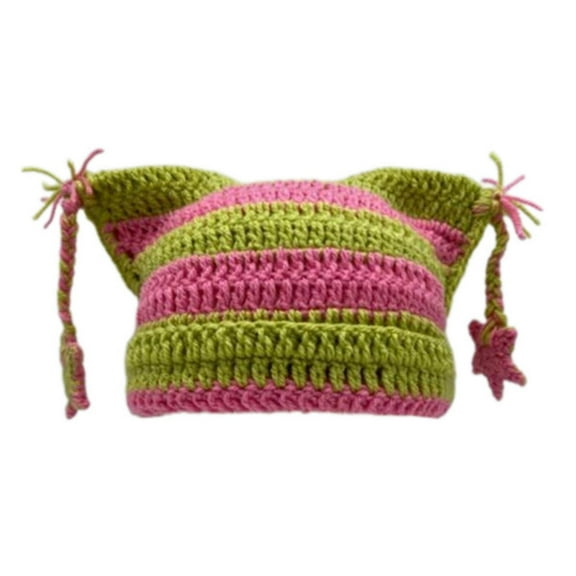 Hand Crocheted Cat Ear Beanie for Women and Men Star Pattern Striped Wool Ear Cap Sweet Stylish Winter Warm Knit Hat