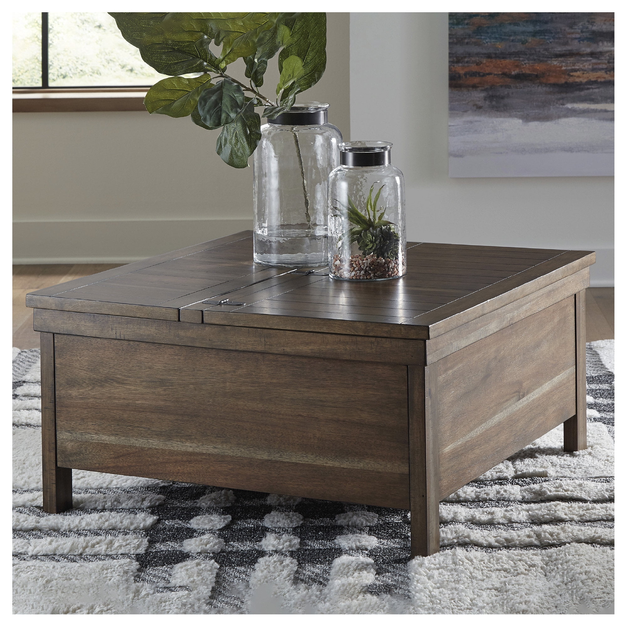 Signature Design by Ashley Moriville Rustic Hinged and Lift Top Cocktail Table with Hidden Storage, Light Brown