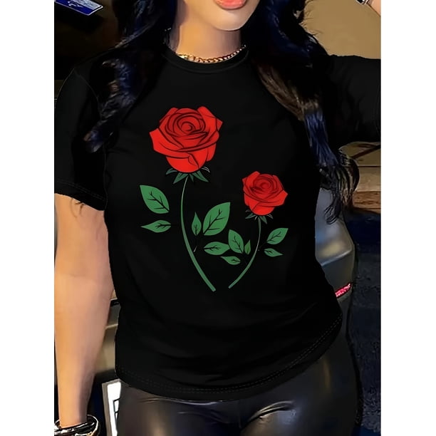 Vibrant Rose Print Crew Neck T-Shirt - Soft, Breathable, Short Sleeve Casual Top for Spring & Summer - Women's Comfortable Clothing for Everyday Wear