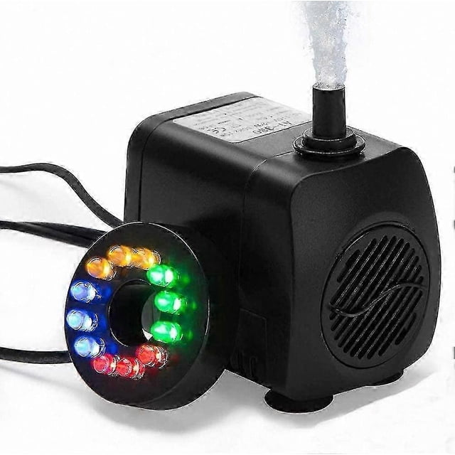 8W Ultra-Quiet Submersible Pump with 12-Color LED for Aquarium Fountain 450L/H Black