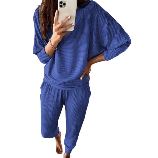 Conjunto Deportivo PRETTYGARDEN para Mujer de Punto Canalé 2 Piezas Azul XL