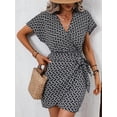thumbnail image 4 of AURA Women Floral Midi Dress V Neck Tie Waist Summer Short Sleeve Elegant Casual Dress, 4 of 7