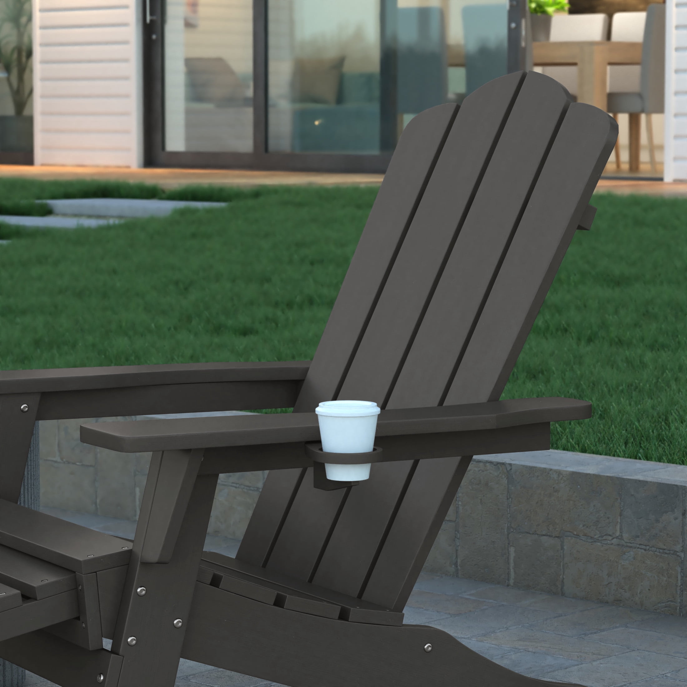 Emma + Oliver Adirondack Chair with Cup Holder and Pull Out Ottoman, All-Weather HDPE Indoor/Outdoor Lounge Chair in Gray