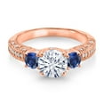 thumbnail image 2 of Gem Stone King 18K Rose Gold Plated Silver White Moissanite and Blue Created Sapphire Engagement Ring for Women (1.78 Cttw, Gemstone, Round 7MM and 4MM, Size 7), 2 of 3
