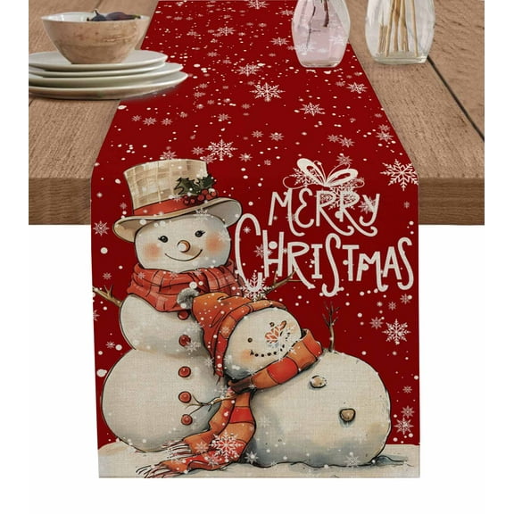 Red Christmas Snowman Burlap-Cotton Table Runner 90 Inches Long,Vintage Xmas Snowflake Farmhouse Table Runners,Outdoor Dining Tablecloths Decor for Baby Shower Party Wedding 13x90