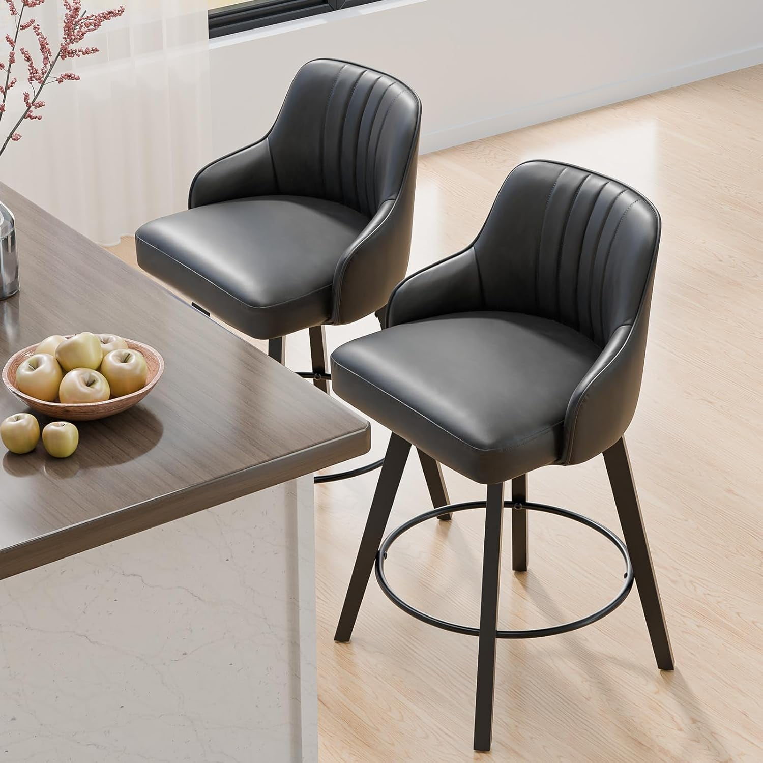 VINGLI 26" H Swivel Barstools Set of 2, PU Leather Upholstered Counter Stool with Back, Kitchen High Chairs Counter Height Bar stools with Cushion, Solid Wood Legs, Black