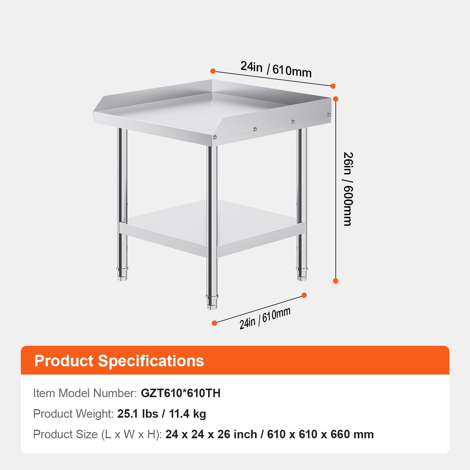 KFFKFF Metal Prep Table, 24x24x26 In, Stainless Steel, Kitchen Workstation with 3-Sided Splash Guard, Adjustable for Restaurants, Homes, Hotels
