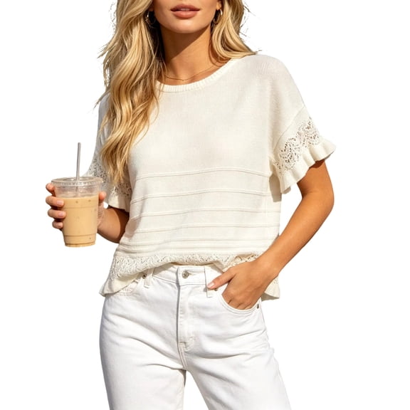 cfhntfmh Women's Short Sleeve Sweaters Tops Oversized Summer Casual Ruffled Hem Knit Pullover Crochet Blouses Cute Tops