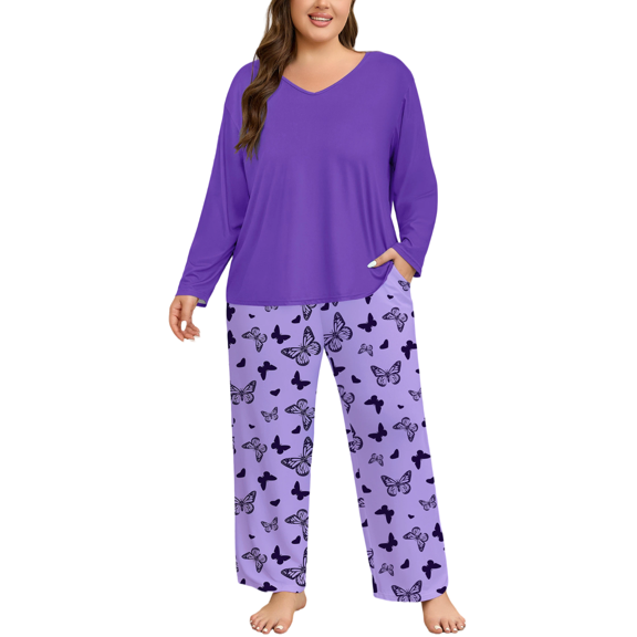 FEREMO Women Plus Size Pajamas Set Long Sleeve Pjs Sleepwear 2 Piece Loungewear With Pockets