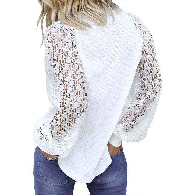 Qarigey Blusa de manga larga de encaje para mujer Camiseta de color sólido con cuello de encaje Prendas para la parte del cuerpo Blanco S